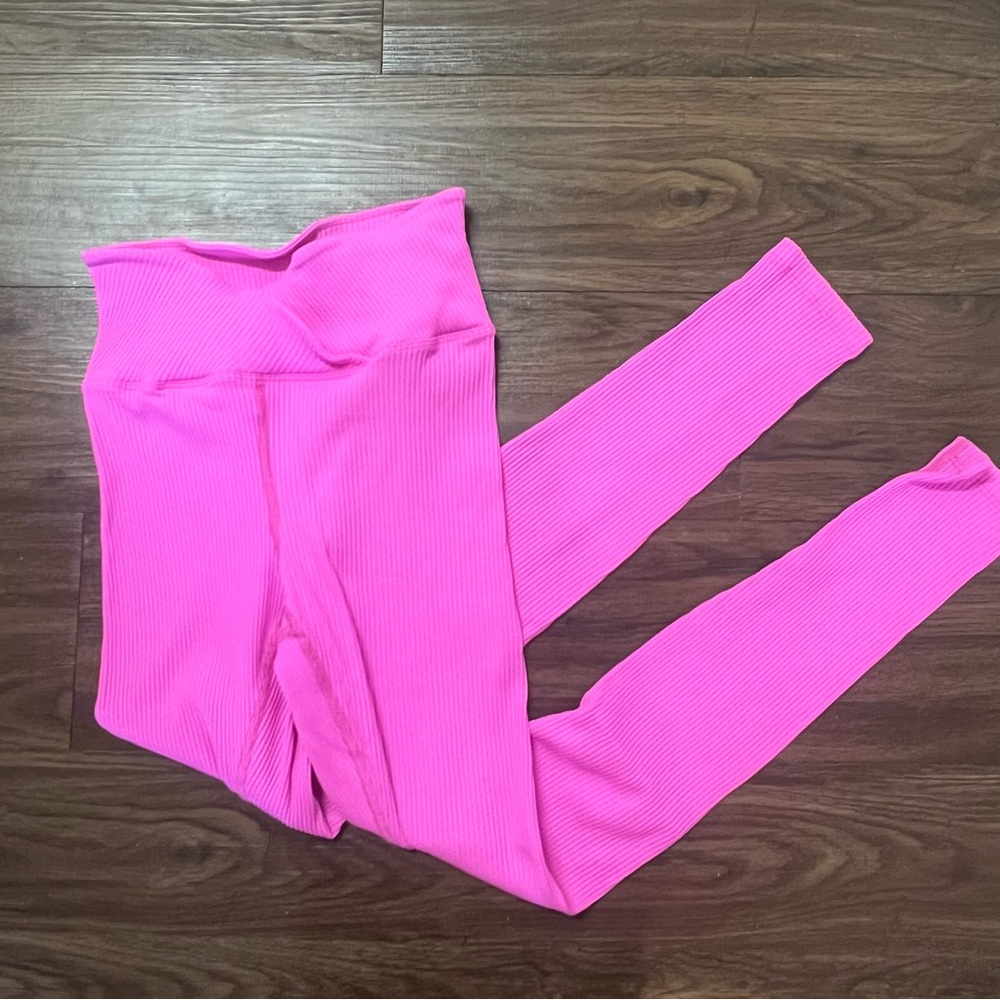 Year of Ours ribbed veronica leggings. Bright pink crossover high wasit legging